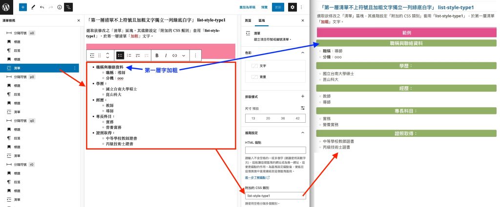 第一層清單粗體字獨立一列綠底白字